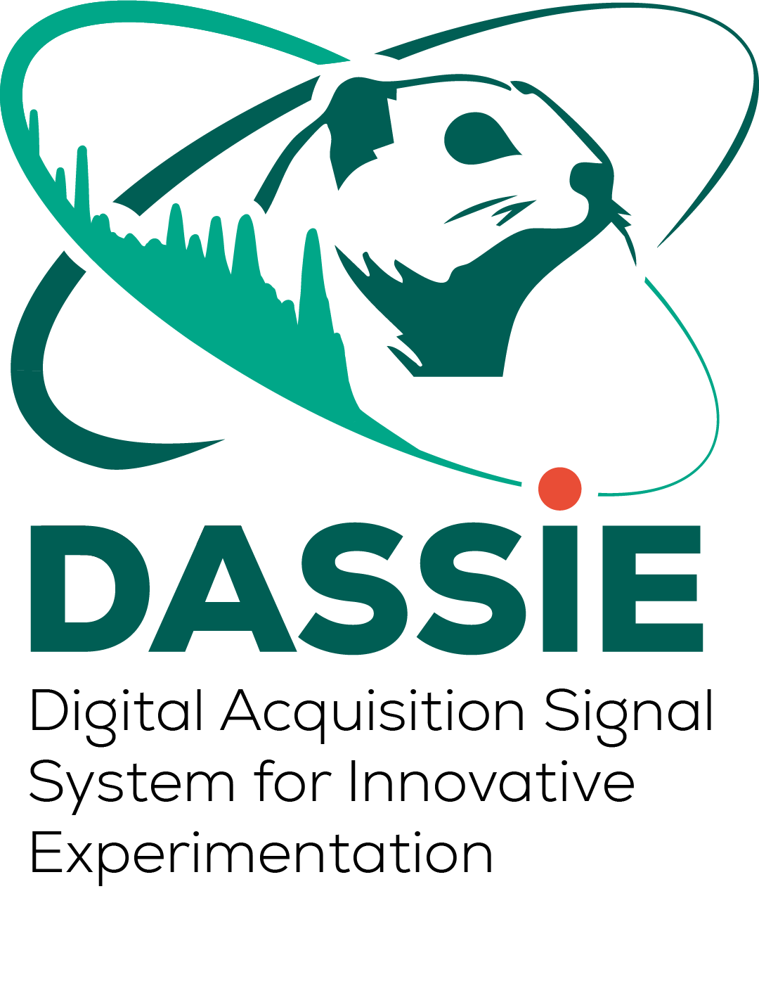 A Dassie, another name for the animal called the Rock Hyrax, is surrounded by two atom-style loops with a small red dot. Below the graphic reads: 'DASSIE – Digital Acquisition Signal System for Innovative Experimentation.’ The colour scheme is green and red.