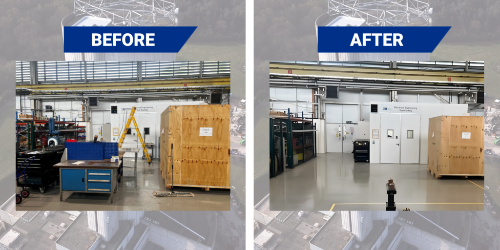 A before-and-after image of the Engineering Technology Centre. The before photo shows benches, storage units, a trolley and a ladder occupying the floor space, while the after photo shows the area cleared and organised with open floor space and marked areas, demonstrating the impact of 5S improvements.