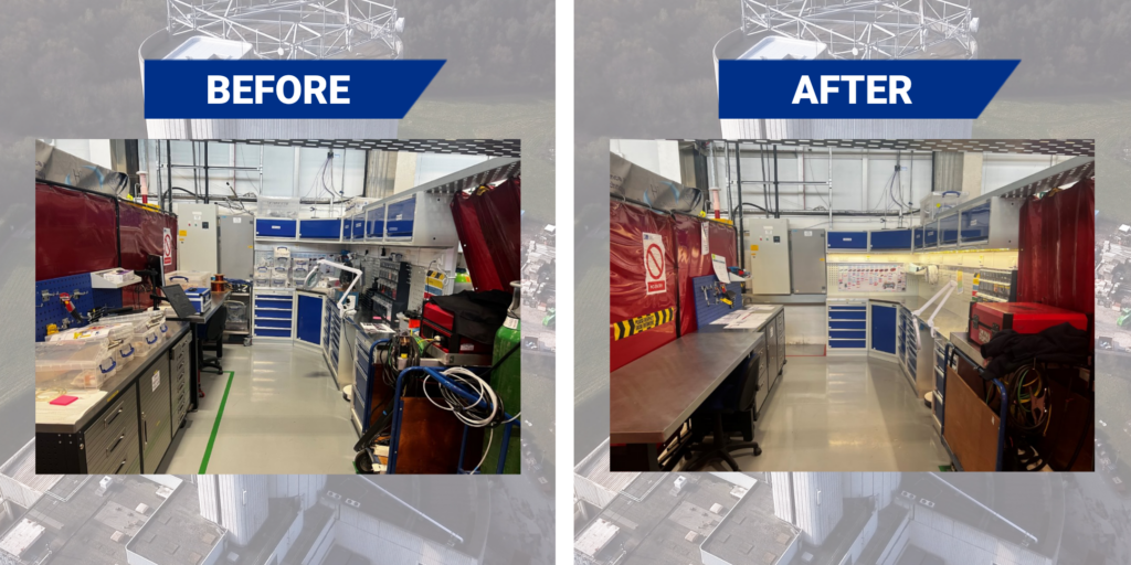 A before-and-after image of a bench workspace in the Engineering Technology Centre. The before photo shows cluttered benches, tools, containers and cables, while the after photo shows a cleaner, more ordered layout with clearer surfaces and improved organisation following 5S methodology.