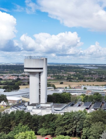 An aerial shot of Daresbury Laboratory and the Sci-Tech Daresbury campus, featuring the Tower Building.